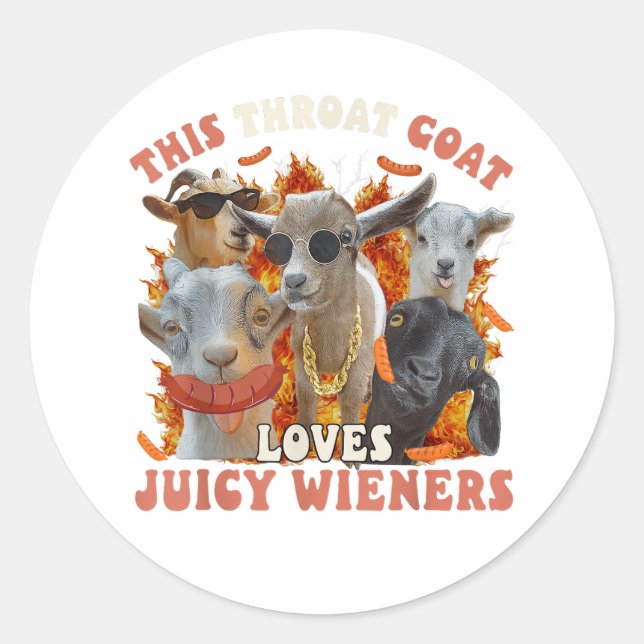 Pegatina Redonda Funny Throat Goat Swallows Juicy Wieners Sticker (Anverso)