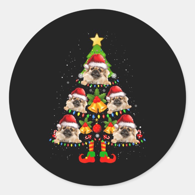 Pegatina Redonda Funny Tibetan Spaniel Christmas Lights Tree Dog Lo (Anverso)
