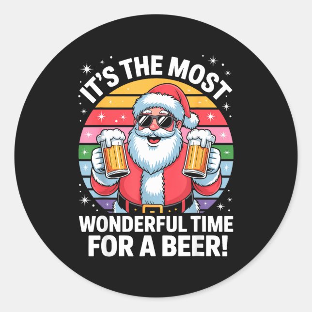 Pegatina Redonda Funny Time For A Beer Santa Christmas  (Anverso)