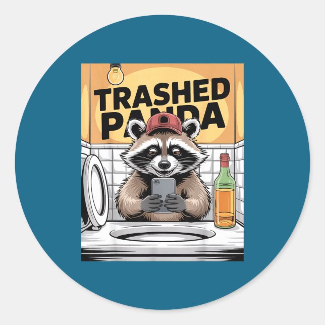 Pegatina Redonda Funny Trashed Panda Raccoon Gets Drunk  (Anverso)