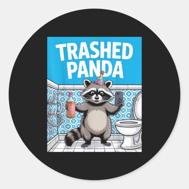 Pegatina Redonda Funny Trashed Panda Raccoon Gets Drunk  (Anverso)