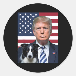 Pegatina Redonda Funny Trump Y El Perro De La Frontera Collie Elecc
