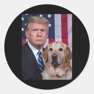 Pegatina Redonda Funny Trump Y El Perro Golden Retriever