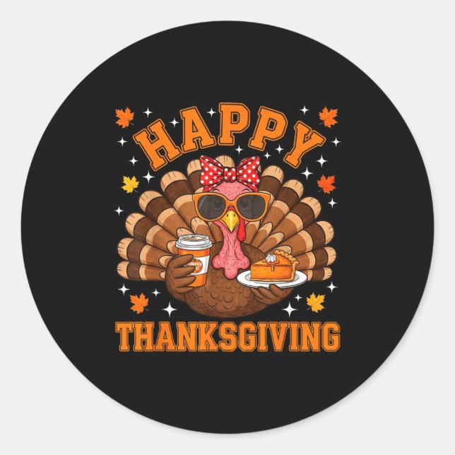 Pegatina Redonda Funny Turkey Drinking Coffee Thanksgiving Bow Girl (Anverso)