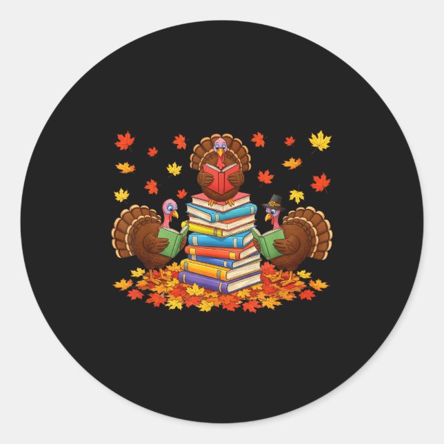 Pegatina Redonda Funny Turkey Reading Book Fall Thanksgiving Teache (Anverso)