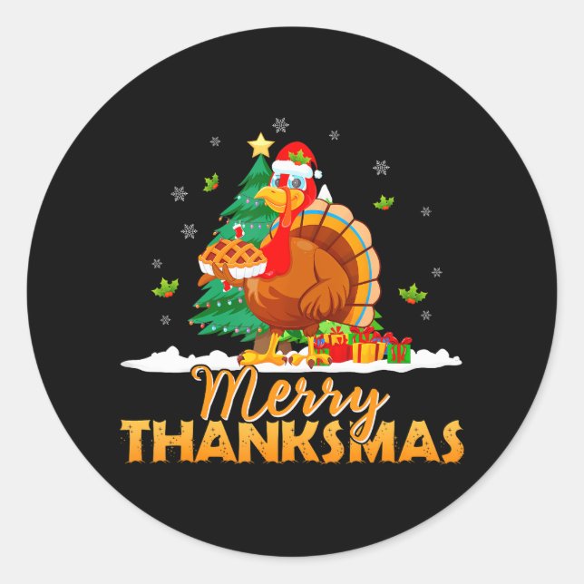 Pegatina Redonda Funny Turkey Santa Merry Thanksmas Navidades (Anverso)