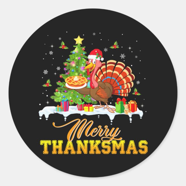 Pegatina Redonda Funny Turkey Santa Merry Thanksmas Navidades (Anverso)
