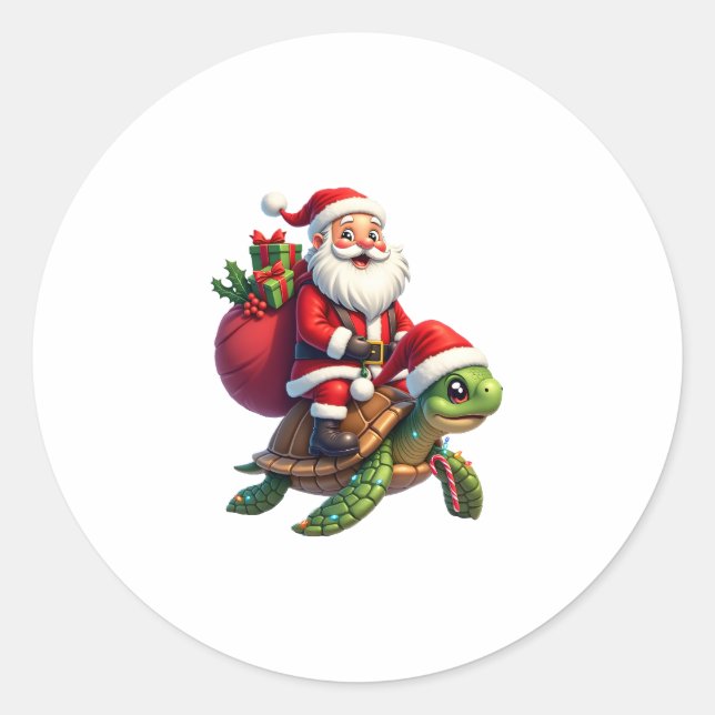 Pegatina Redonda Funny Turtle Christmas Santa Riding Sea Turtle Xma (Anverso)