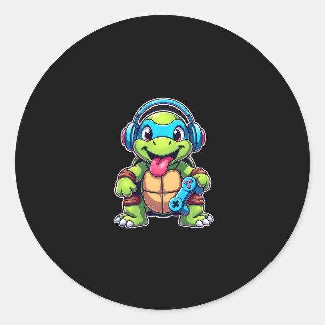 Pegatina Redonda Funny Turtle Gamer Gaming Turtles Video Game (4) (Anverso)