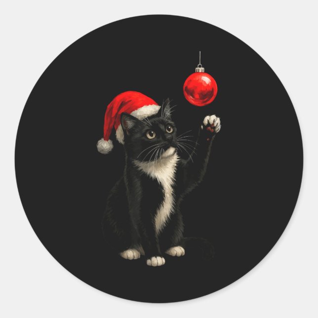 Pegatina Redonda Funny Tuxedo Bauble Cat Santa Hat Red Xmas Christm (Anverso)