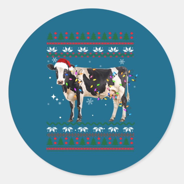 Pegatina Redonda Funny Ugly Xmas Sweater Dairy Cow Farmer Lights Ch (Anverso)