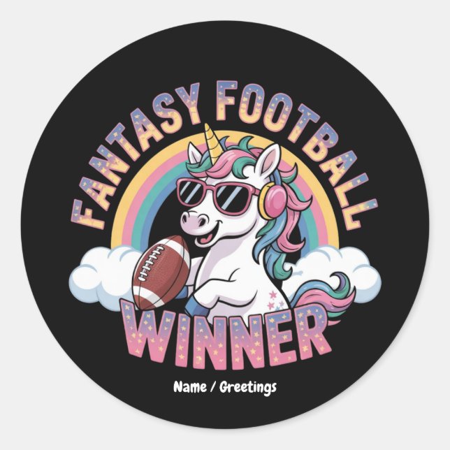 Pegatina Redonda Funny Unicorn Fantasy Football Winner 2025 Style (Anverso)
