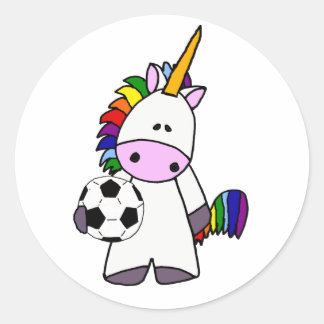 Pegatina Redonda Funny Unicornio jugando al fútbol Personalizado