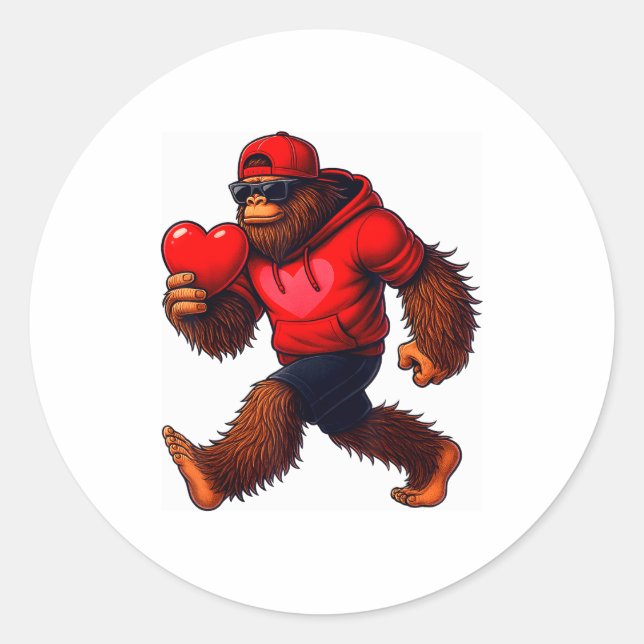 Pegatina Redonda Funny Valentines Day Bigfoot Heart Sungles Sasquat (Anverso)