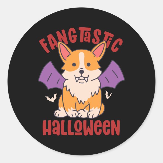 Pegatina Redonda Funny Vampire Corgi Dog Lover Fangtastic Halloween (Anverso)