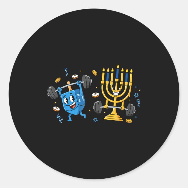 Pegatina Redonda Funny Weightlifting Gym Dreidel Menorah Hanukkah W (Anverso)