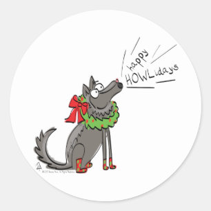 Pegatina Redonda Funny Wolf Navidades Felices vacaciones de Howlida
