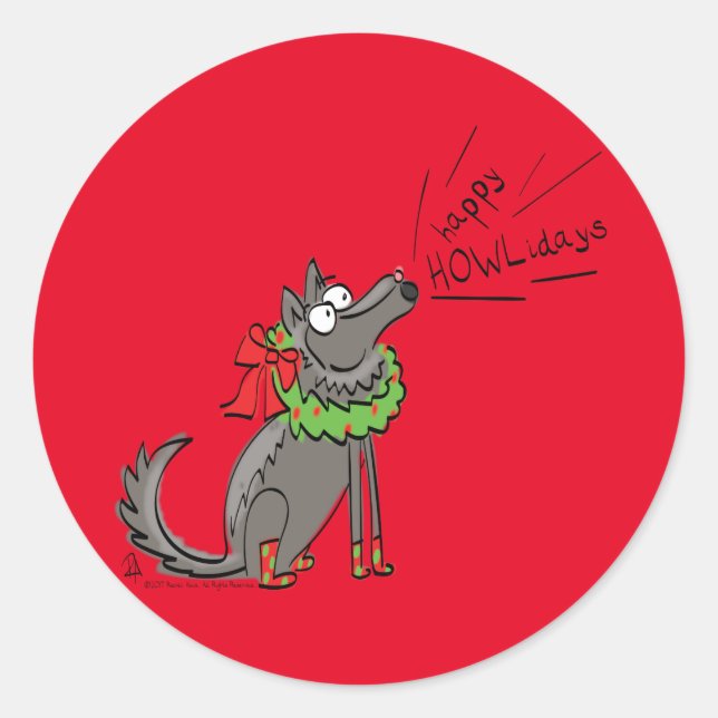 Pegatina Redonda Funny Wolf Navidades Felices vacaciones de Howlida (Anverso)