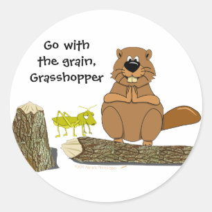 Pegatina Redonda Funny Wood Turning Beaver y Grasshopper Personaliz