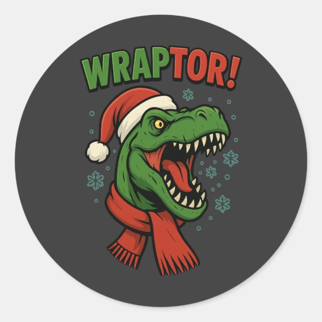 Pegatina Redonda Funny Wraptor T-Rex Dinosaur Christmas Pun (Anverso)