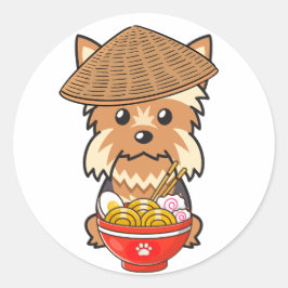 Pegatina Redonda Funny yorkshire terrier come fideos