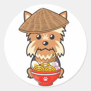 Pegatina Redonda Funny yorkshire terrier come fideos