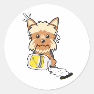 Pegatina Redonda Funny yorkshire terrier derramó mayonesa