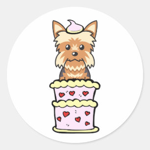 Pegatina Redonda Funny yorkshire terrier saltando de un pastel