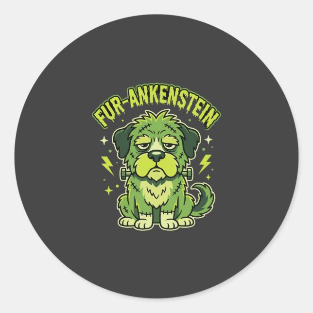 Pegatina Redonda Fur-Ankenstein Divertido Perro de Frankenstein Hal (Anverso)