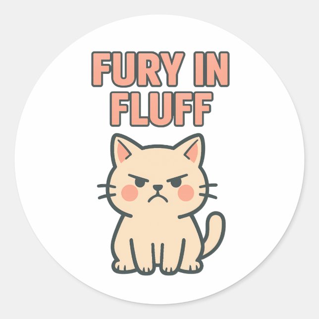 Pegatina Redonda Fury in Fluff Cute Angry Grumpy Cat Cartoon (Anverso)