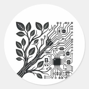Pegatina Redonda Fusión de tecnología y naturaleza Minimalista Líne