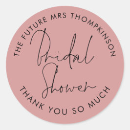 Pegatina Redonda Futura Sra. Name Dusty Rosa Bridal Shower
