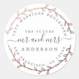 Pegatina Redonda Future Mrs Rose Gold Wreath Wedding Return Address