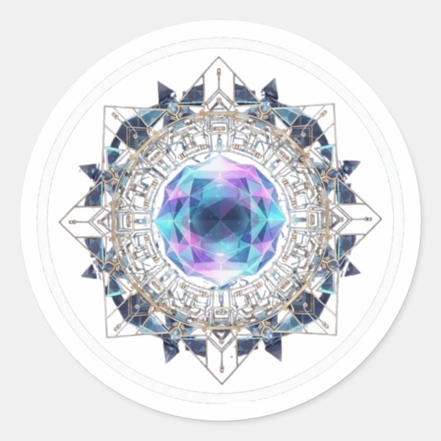 Pegatina Redonda Futuristic Crystal Mandala – Geometric Tech Art (Anverso)