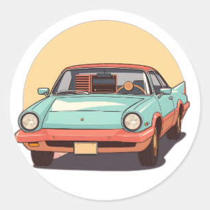 Pegatina Redonda Futuro coche nostálgico con radio vintage
