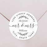 Pegatina Redonda Futuro Foliage moderno Sr. Boda Discurso<br><div class="desc">Etiquetas de retorno redondo boda diseñadas por personalizados con caligrafía manual moderna y diseño follaje. Perfecto para añadir un toque de estilo a invitaciones,  invitaciones,  tarjetas y más bodas/amas de casa.</div>