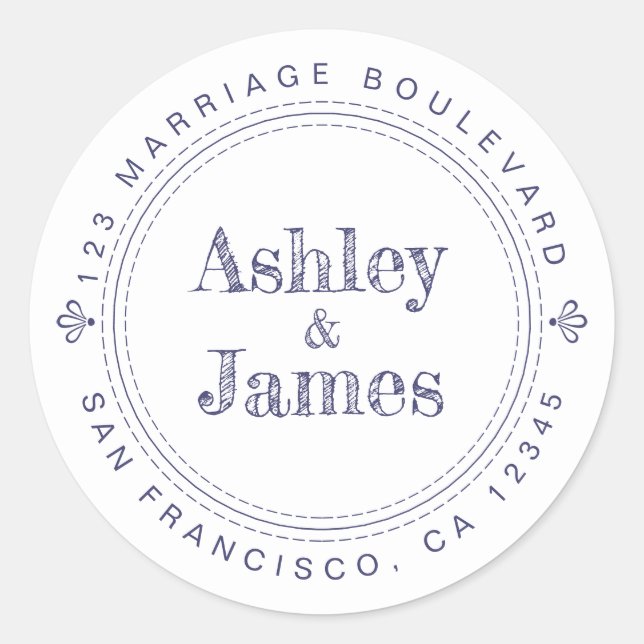 Pegatina Redonda Futuro Rústico Moderno Sr. Sra. Boda Dirección de  (Anverso)