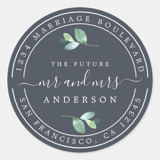 Pegatina Redonda Futuro Sr. Foliage Boda Return Address (Anverso)