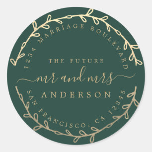 Pegatina Redonda Futuro Sr. Mrs Gold Wreath Boda Return Address