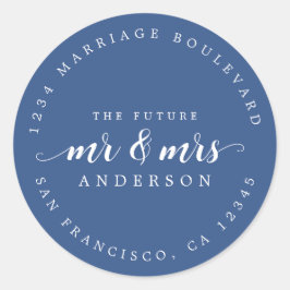 Pegatina Redonda Futuro Sr. Mrs Script Classic Blue Return Address