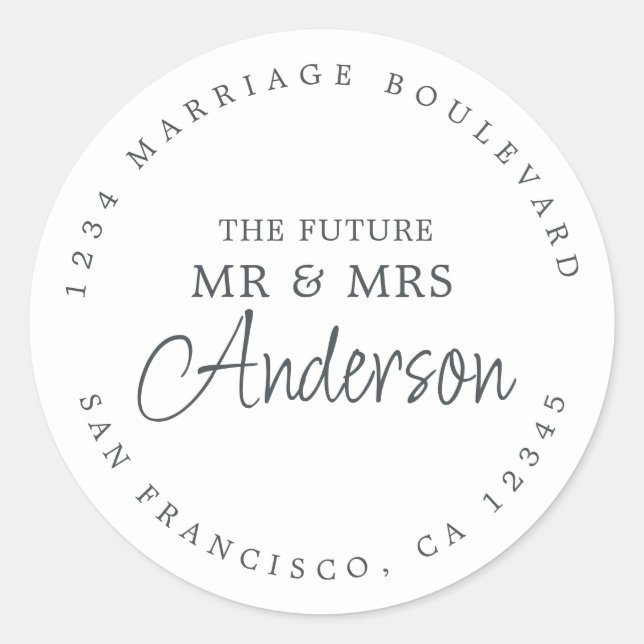 Pegatina Redonda Futuro Sr. Mrs Script Dirección de retorno blanco  (Anverso)