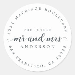 Pegatina Redonda Futuro Sr. Mrs Script Dirección de retorno blanco 