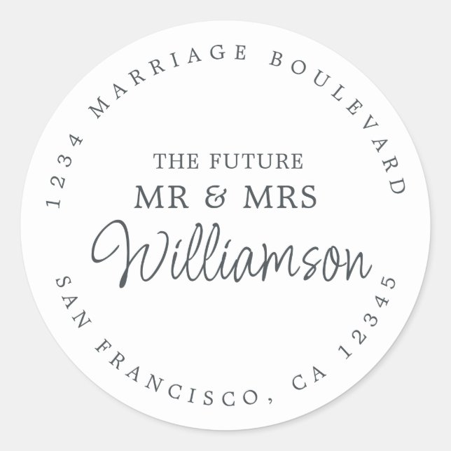 Pegatina Redonda Futuro Sr. Mrs Script Dirección de retorno blanco  (Anverso)