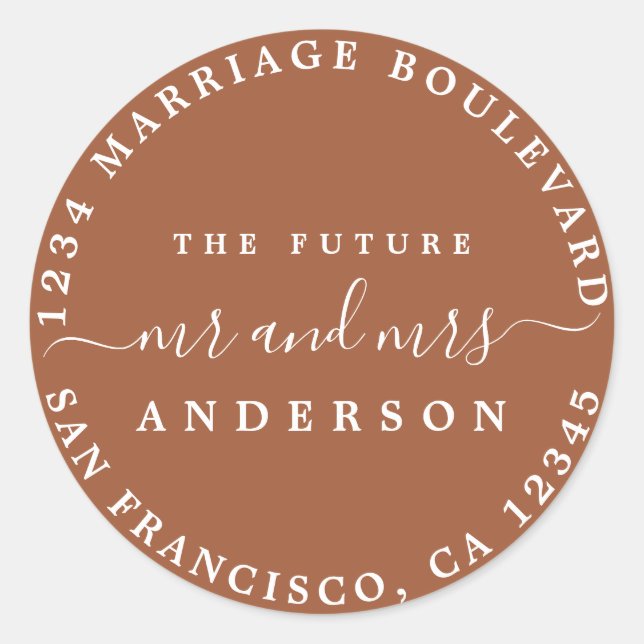 Pegatina Redonda Futuro Sr. Mrs Script Return Address TerraCotta (Anverso)