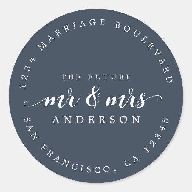 Pegatina Redonda Futuro Sr. Script Dark Blue Return Address (Anverso)