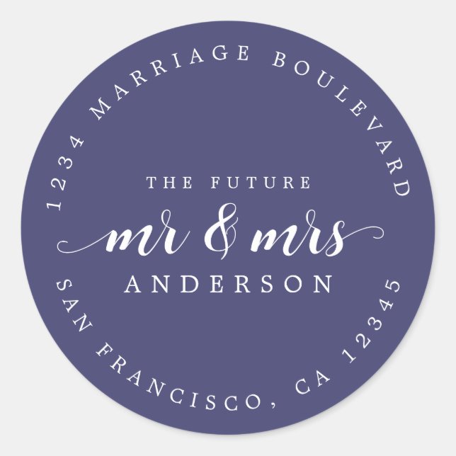 Pegatina Redonda Futuro Sr. Script Dirección de retorno azul de la  (Anverso)