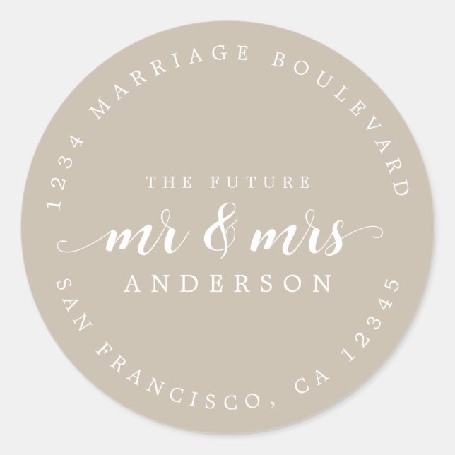 Pegatina Redonda Futuro Sr. Script Dirección de Retorno Gris (Anverso)