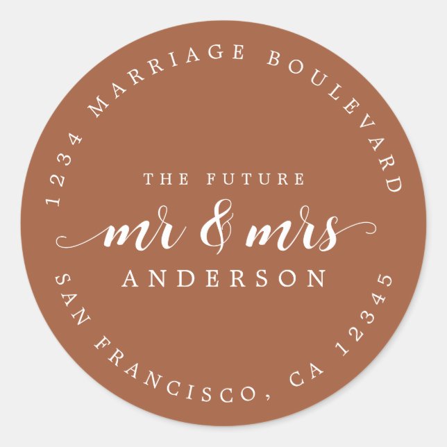 Pegatina Redonda Futuro Sr. Script TerraCotta Dirección de devoluci (Anverso)