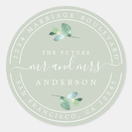 Pegatina Redonda Futuro Sr. Sra. Green Foliage Boda Return Address
