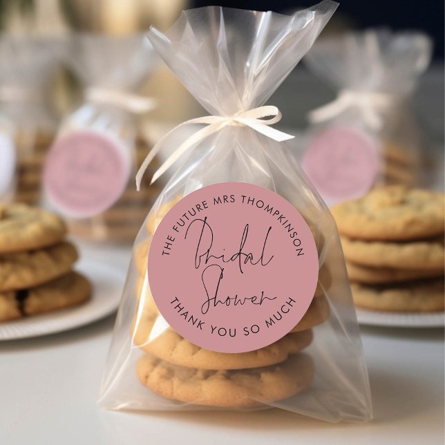 Pegatina Redonda Futuro Sra. Name Dusty Rosa Pink Bridal Shower (For your bridal shower thank you favors!)
